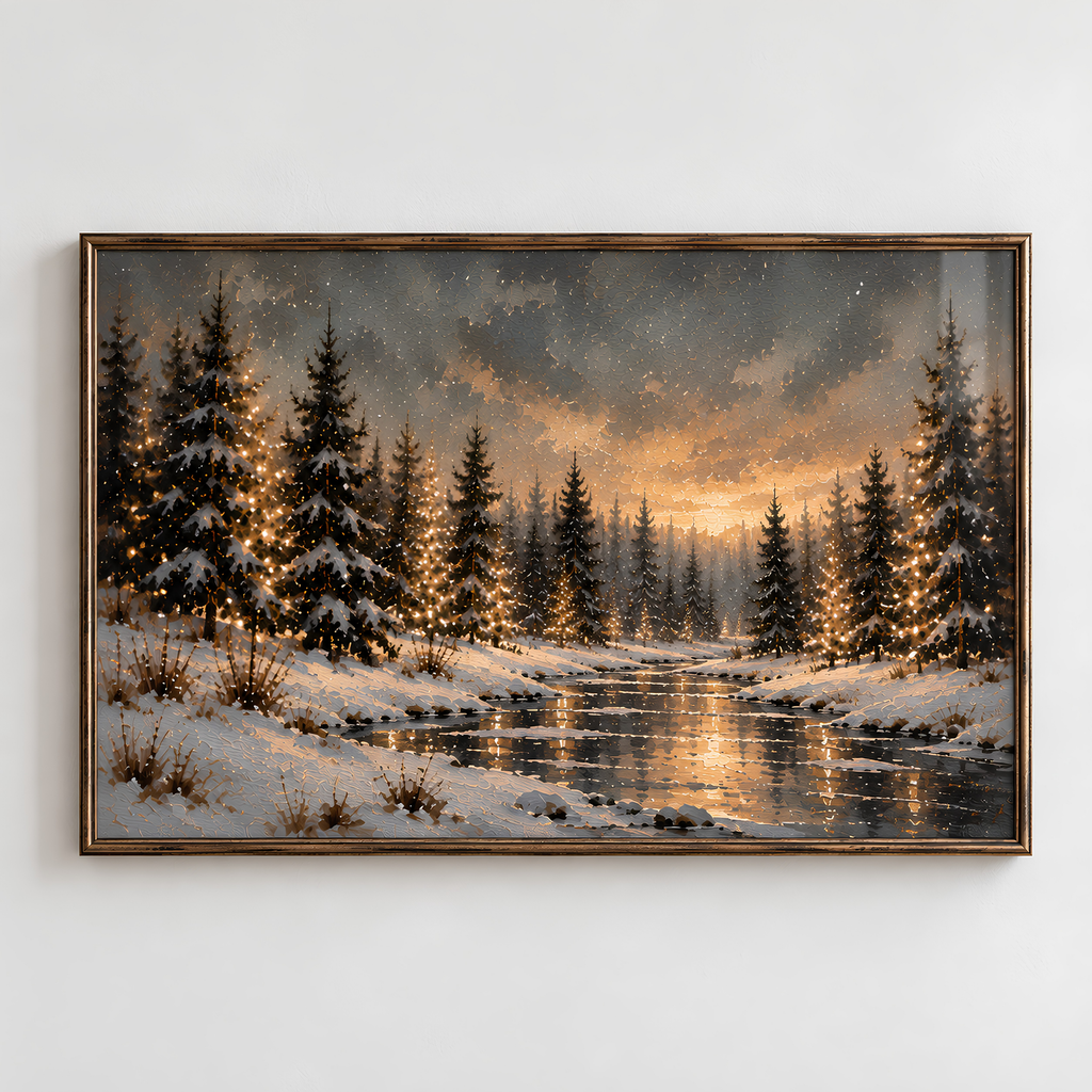 Winter Glow – Snowy Forest Landscape Art Print | Cosy Winter Wall Art