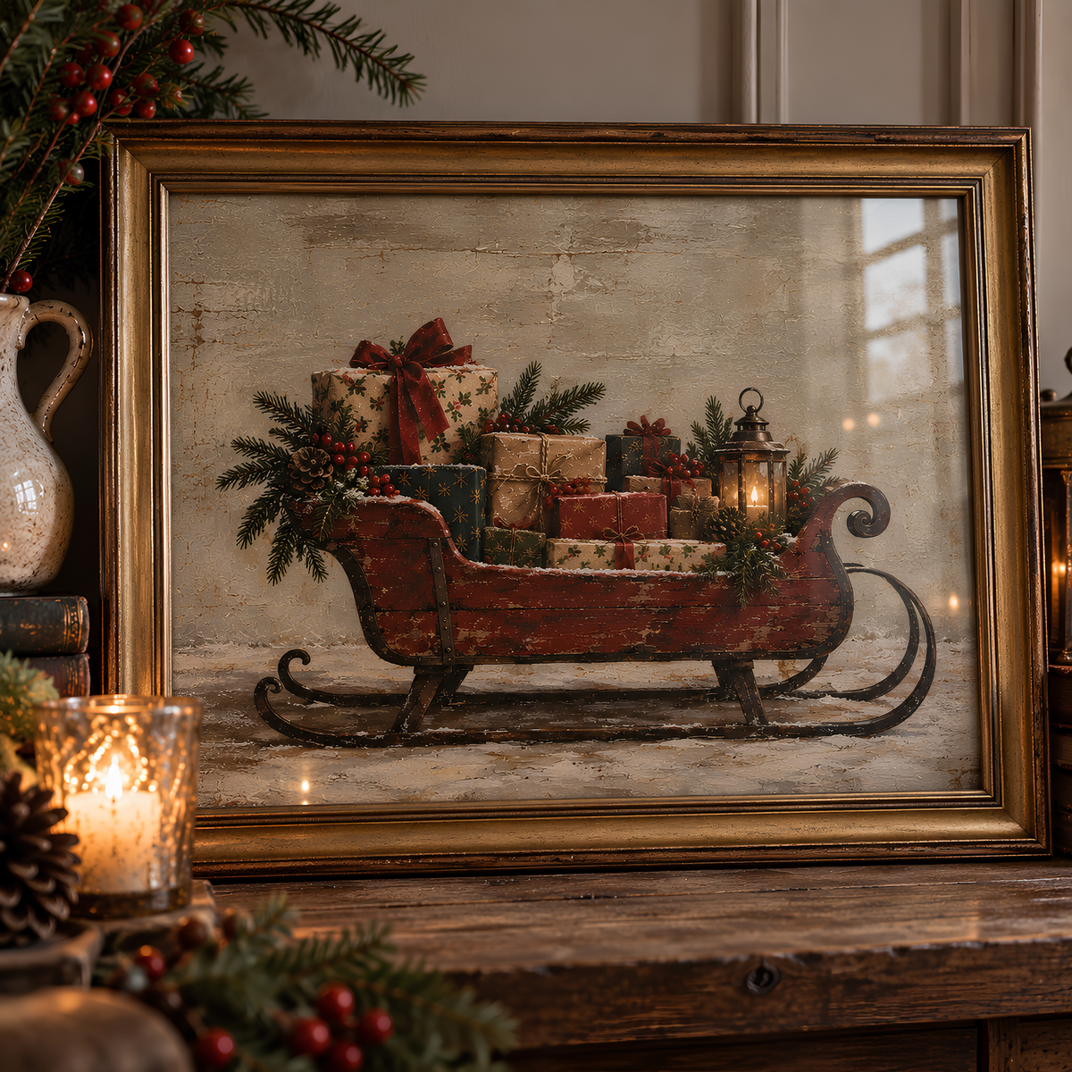 Vintage Christmas Sleigh Art Print | Traditional Festive Wall Art | Antique Style Christmas Decor