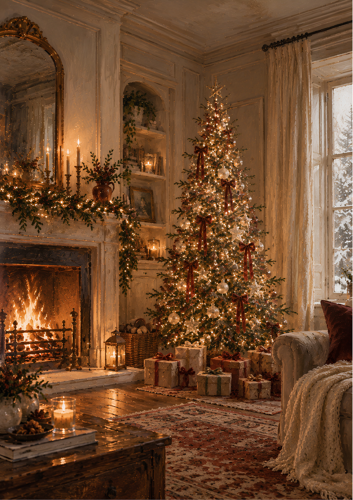 Christmas at Home Print | Cosy Vintage Christmas Tree & Fireplace Wall Art