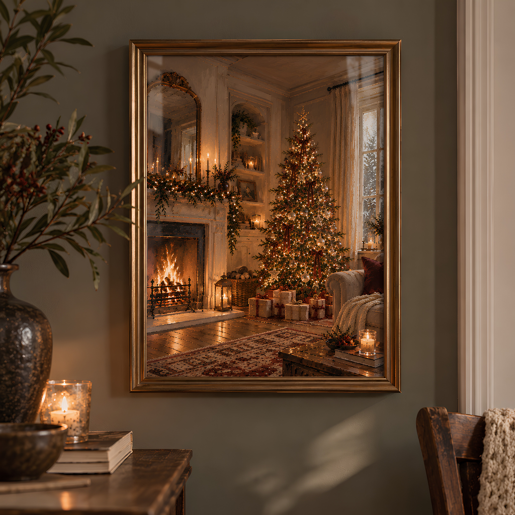 Christmas at Home Print | Cosy Vintage Christmas Tree & Fireplace Wall Art