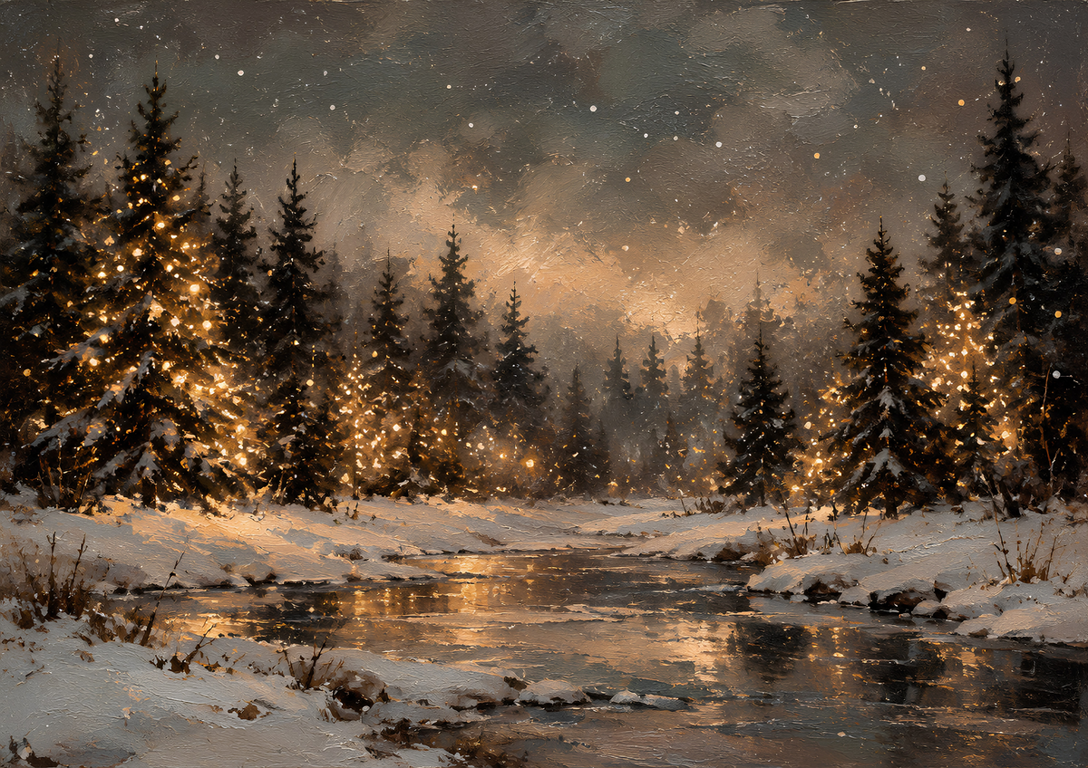 Winter Glow – Snowy Forest Landscape Art Print | Cosy Winter Wall Art