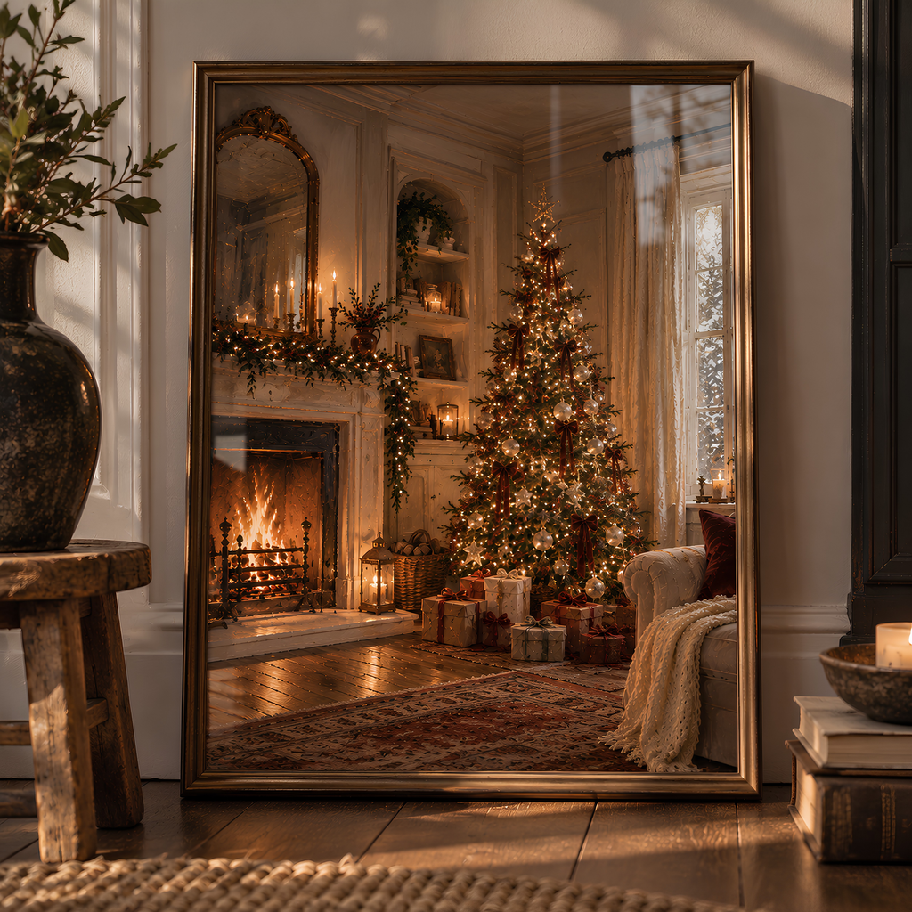 Christmas at Home Print | Cosy Vintage Christmas Tree & Fireplace Wall Art