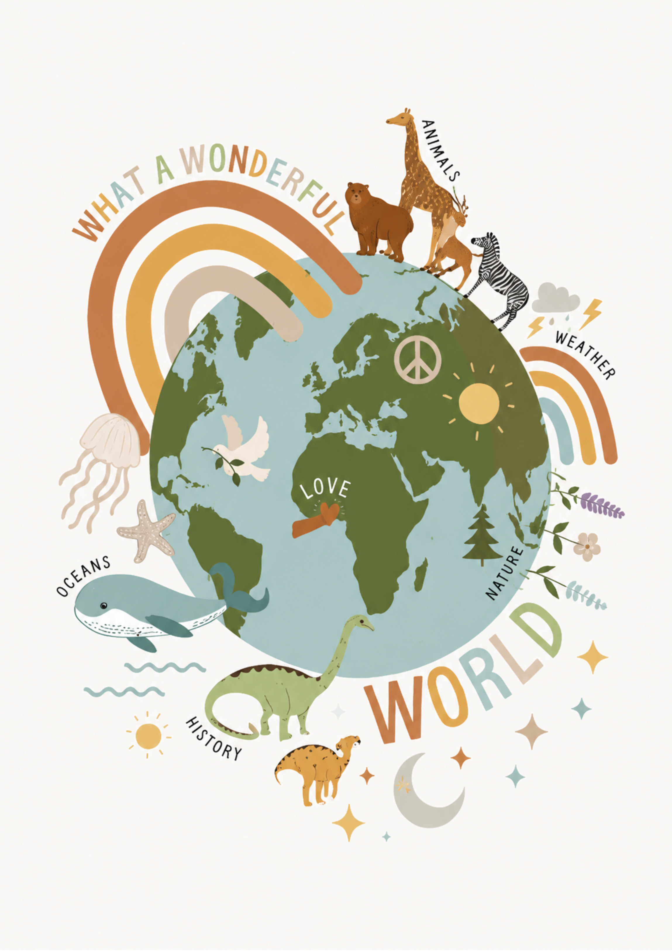 Wonderful World Print | Kids Educational World Wall Art