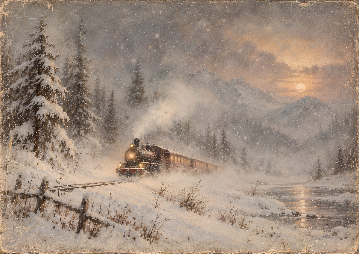 Winter Train at Dusk Art Print | Vintage Snowy Landscape Wall Art