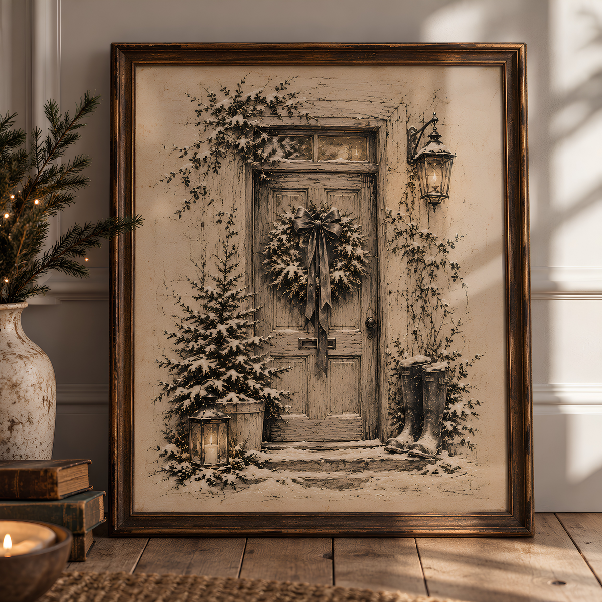 Winter at the Door | Vintage Christmas Art Print | Rustic Festive Wall Art
