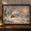 Winter Train at Dusk Art Print | Vintage Snowy Landscape Wall Art