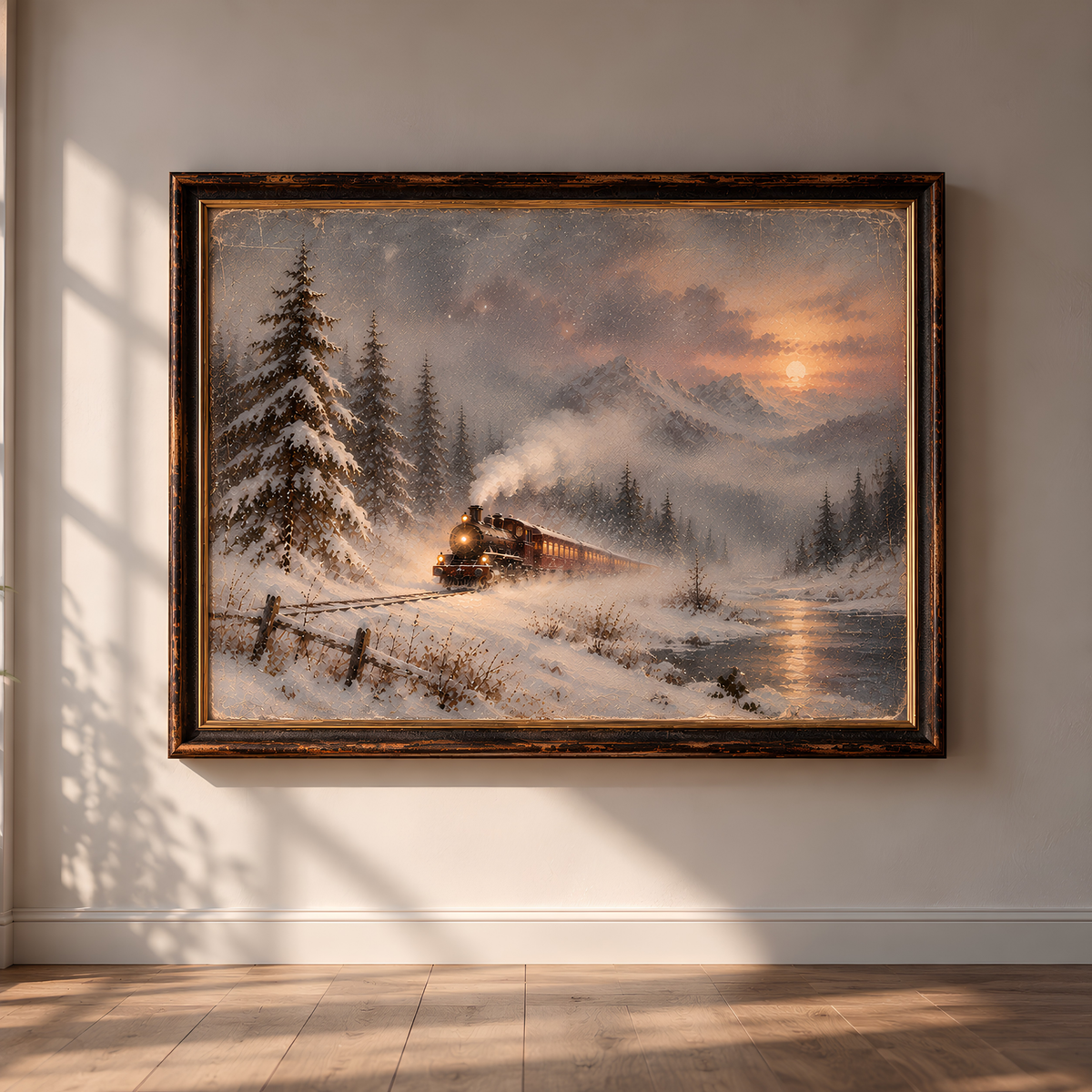 Winter Train at Dusk Art Print | Vintage Snowy Landscape Wall Art