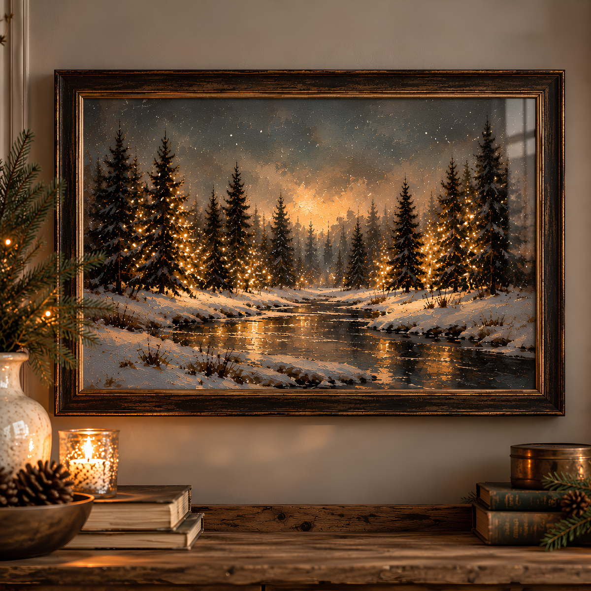 Winter Glow – Snowy Forest Landscape Art Print | Cosy Winter Wall Art