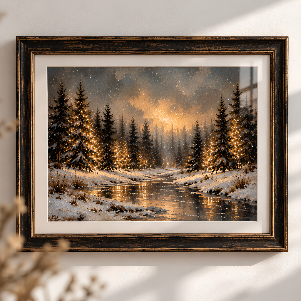 Winter Glow – Snowy Forest Landscape Art Print | Cosy Winter Wall Art