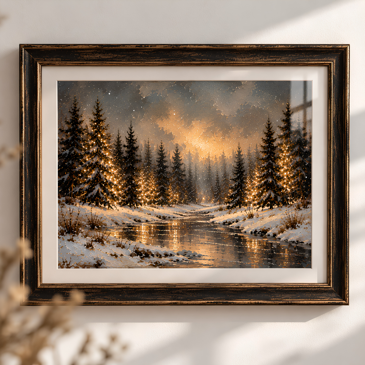 Winter Glow – Snowy Forest Landscape Art Print | Cosy Winter Wall Art