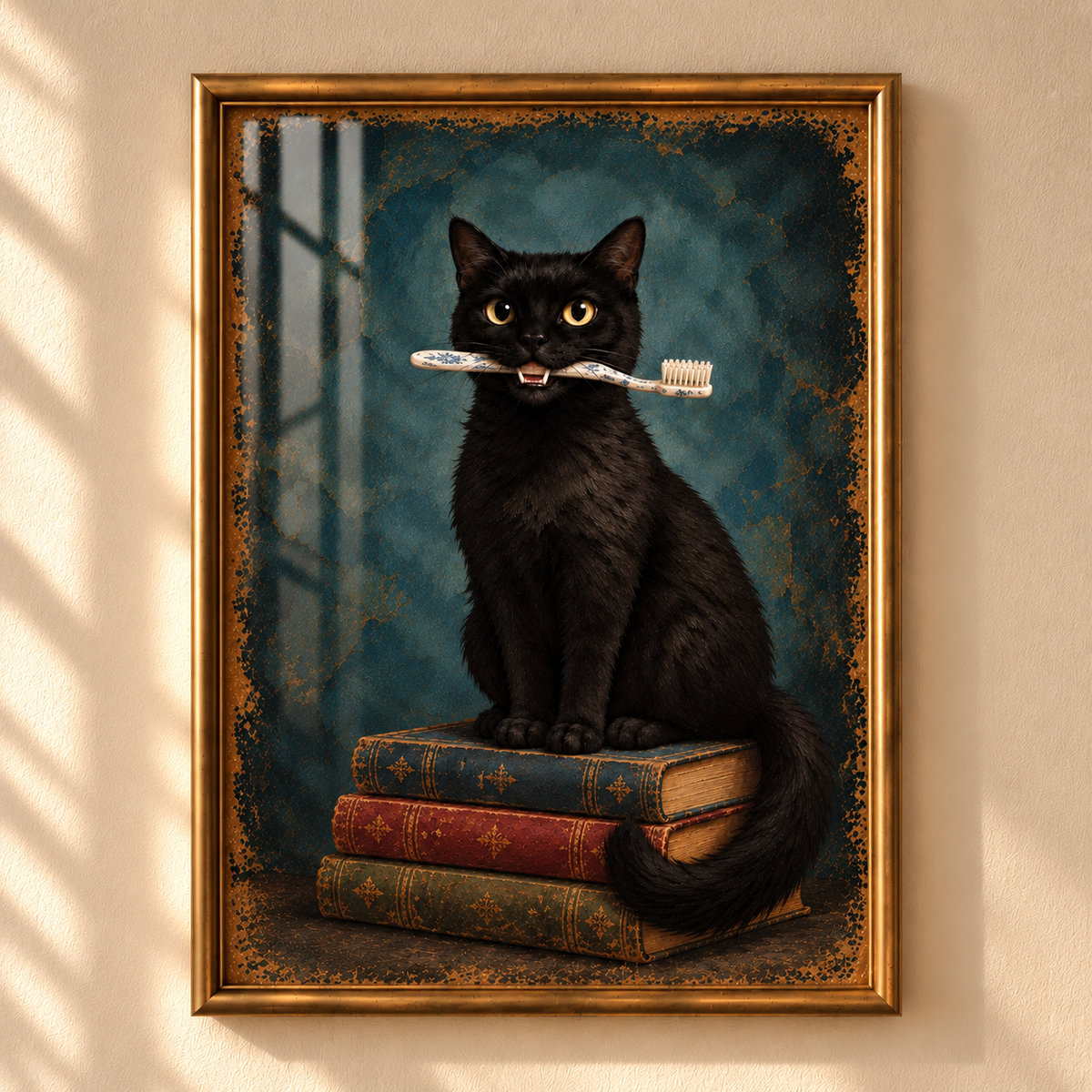 Vintage Black Cat Bathroom Print – Toothbrush Cat Wall Art
