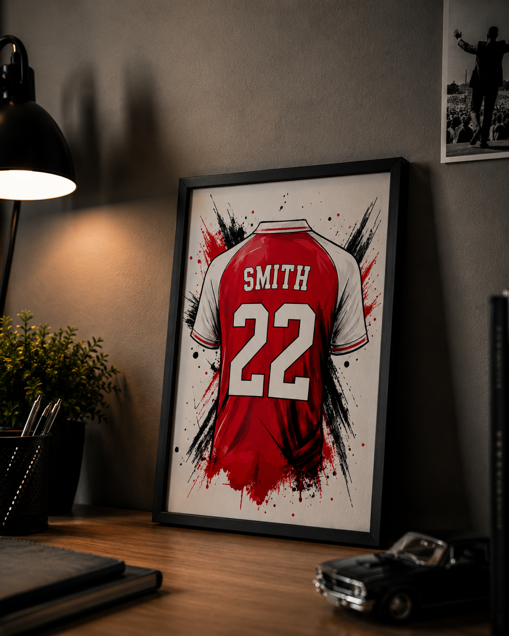 Personalised Red & White Football Shirt Print | Custom Name & Number Wall Art