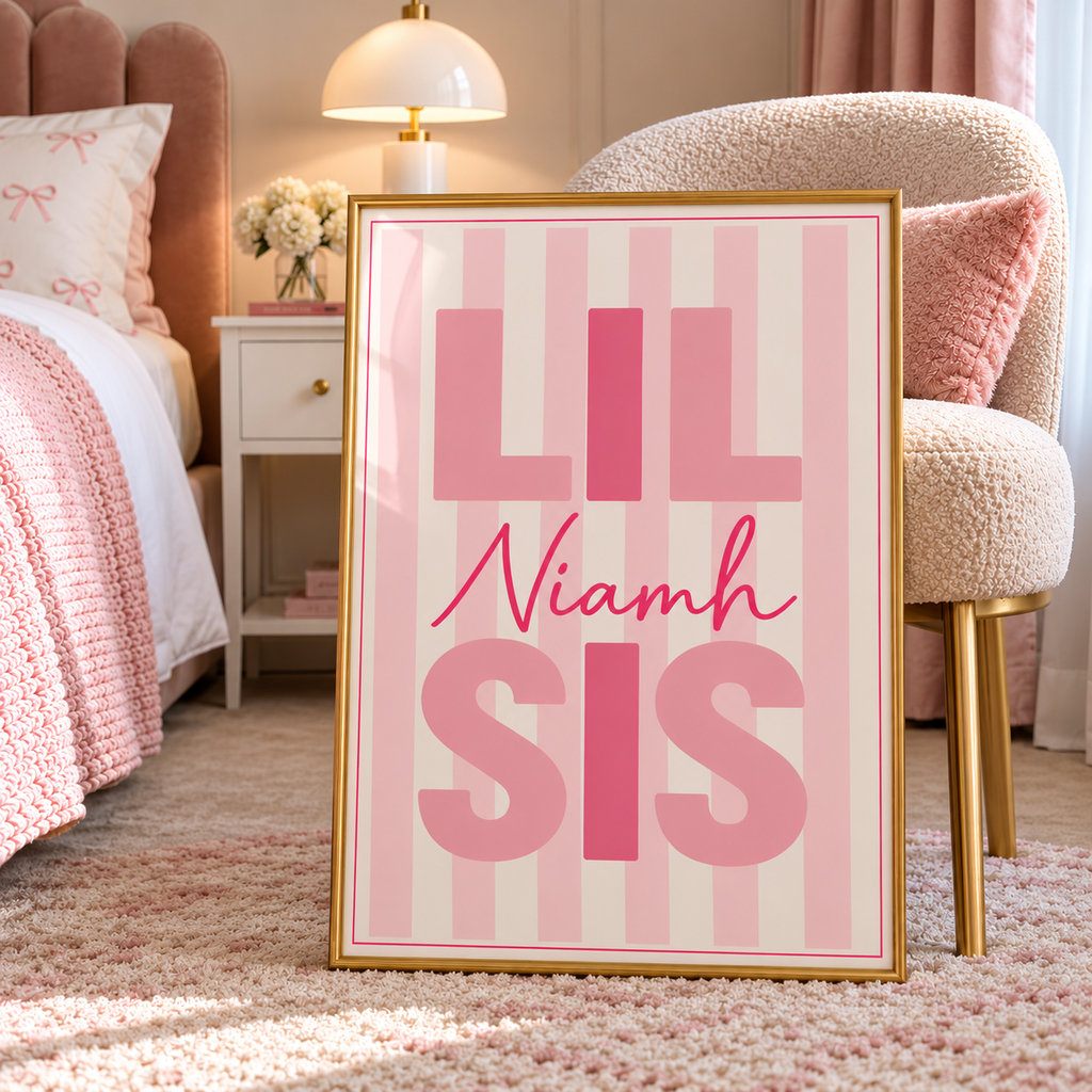 Personalised Lil Sis Print – Pink Striped Little Sister Nursery Wall Art
