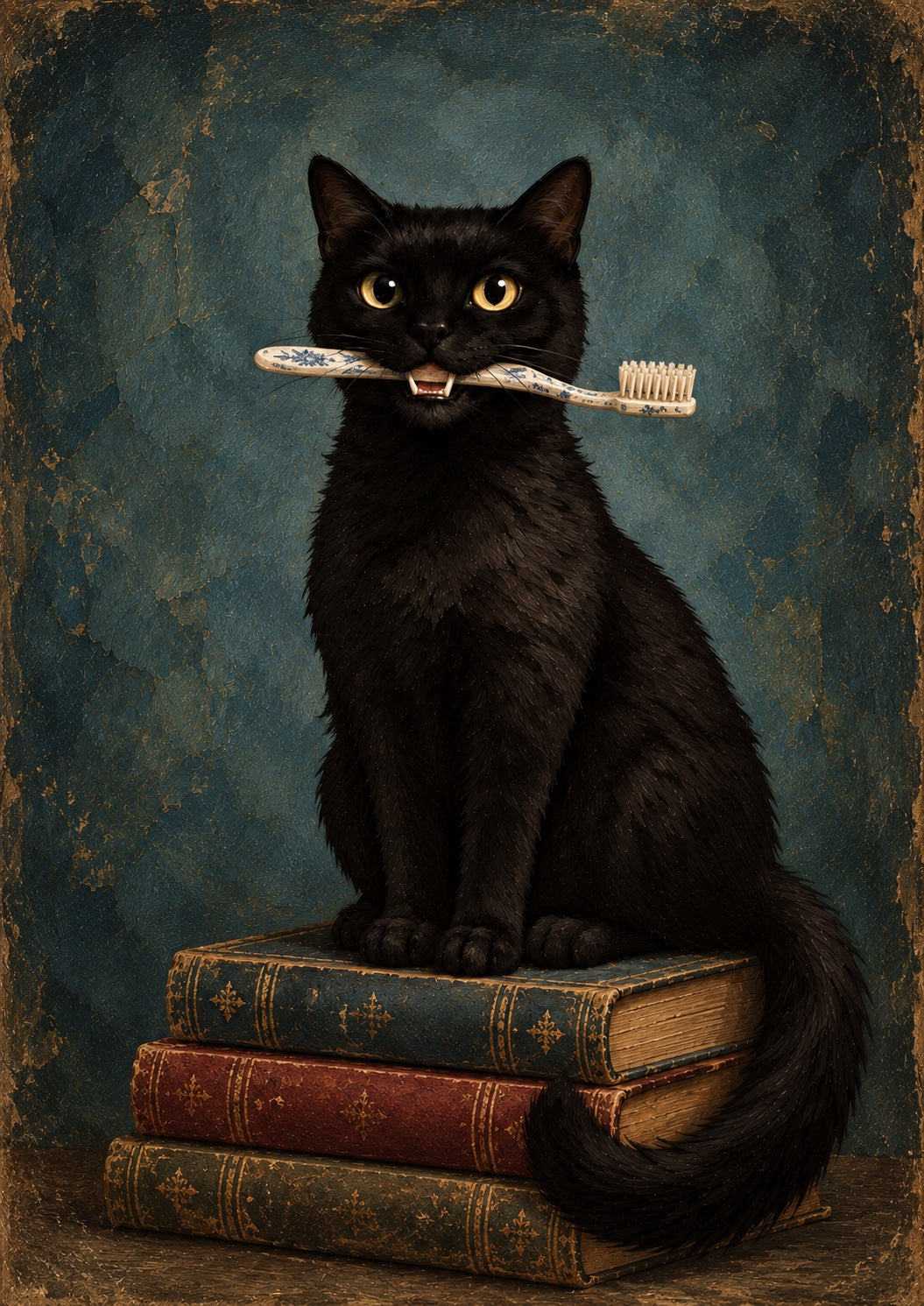 Vintage Black Cat Bathroom Print – Toothbrush Cat Wall Art