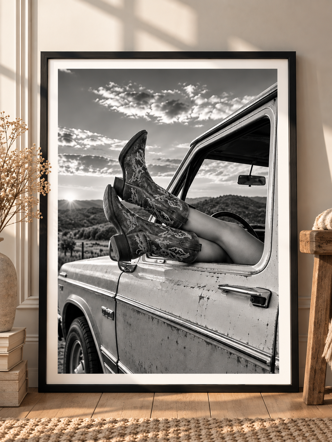 Wild at Heart – Black & White Cowgirl Boots Western Wall Art Print