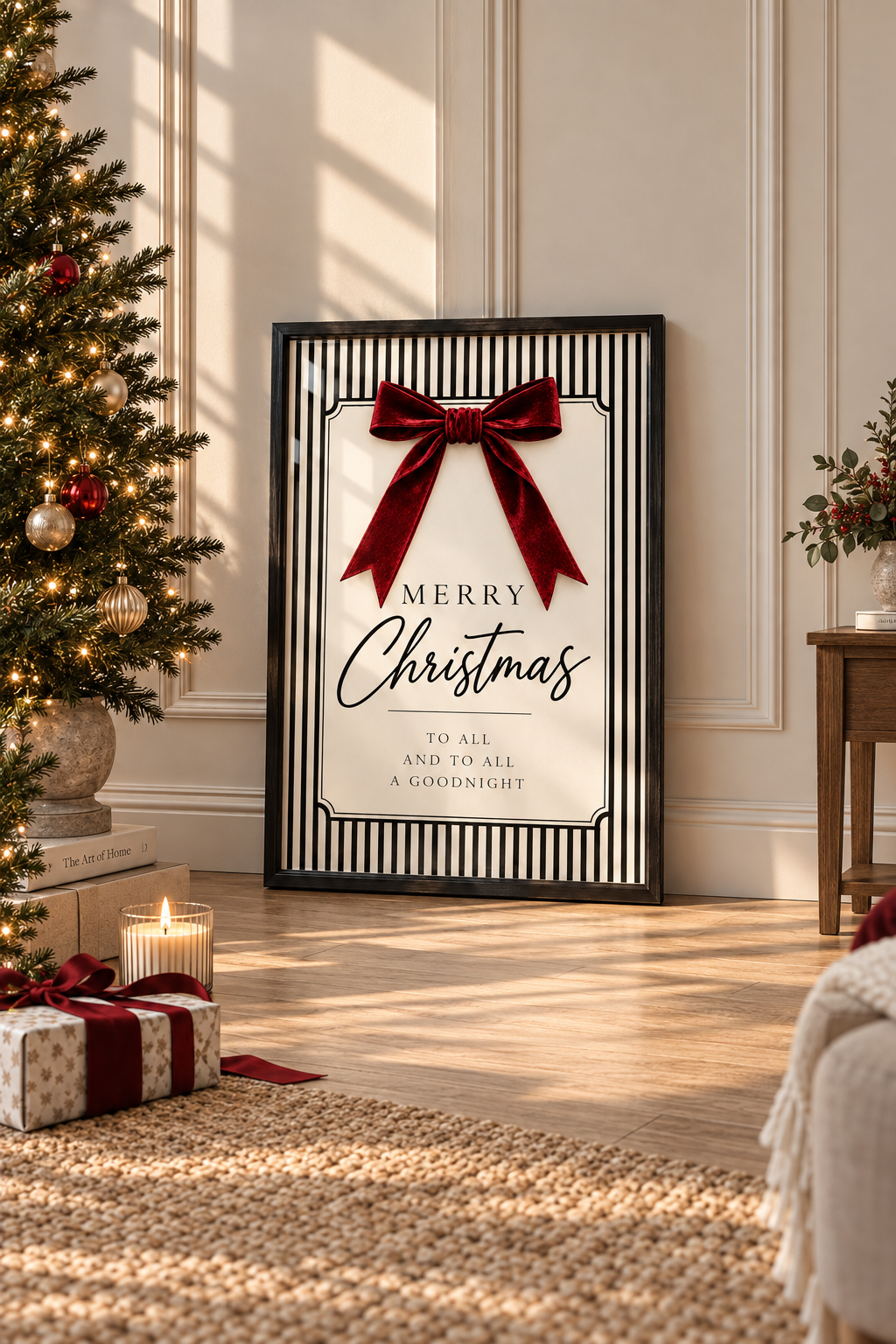 Merry Christmas | Burgundy Bow Striped Christmas Print