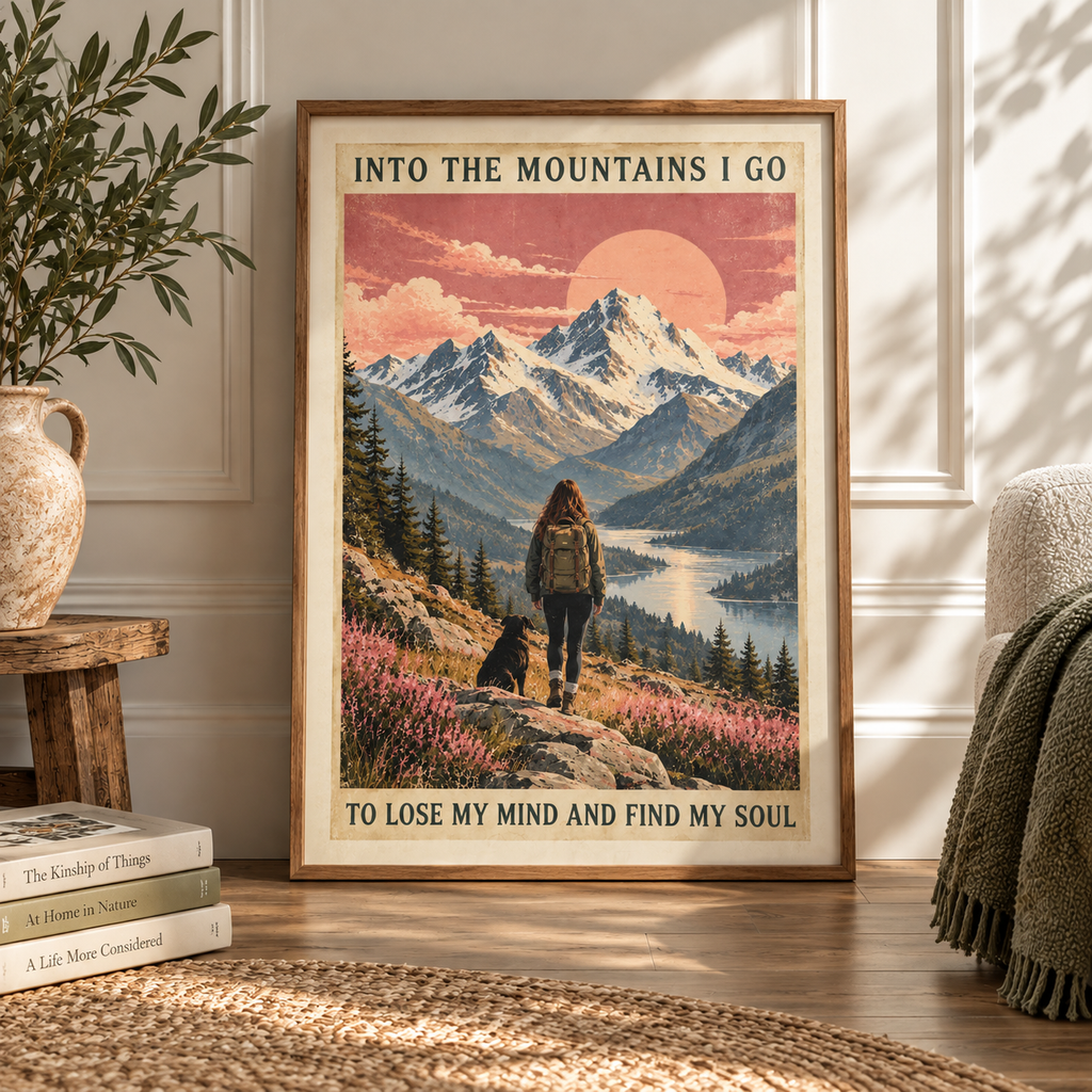Into the Mountains I Go Vintage Hiking Print | Retro Mountain Wall Art