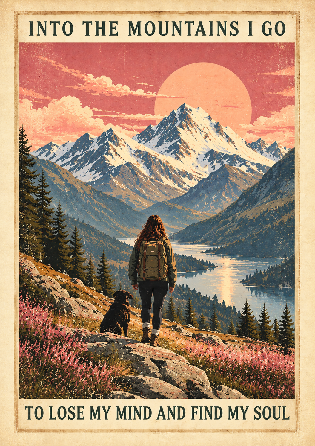 Into the Mountains I Go Vintage Hiking Print | Retro Mountain Wall Art
