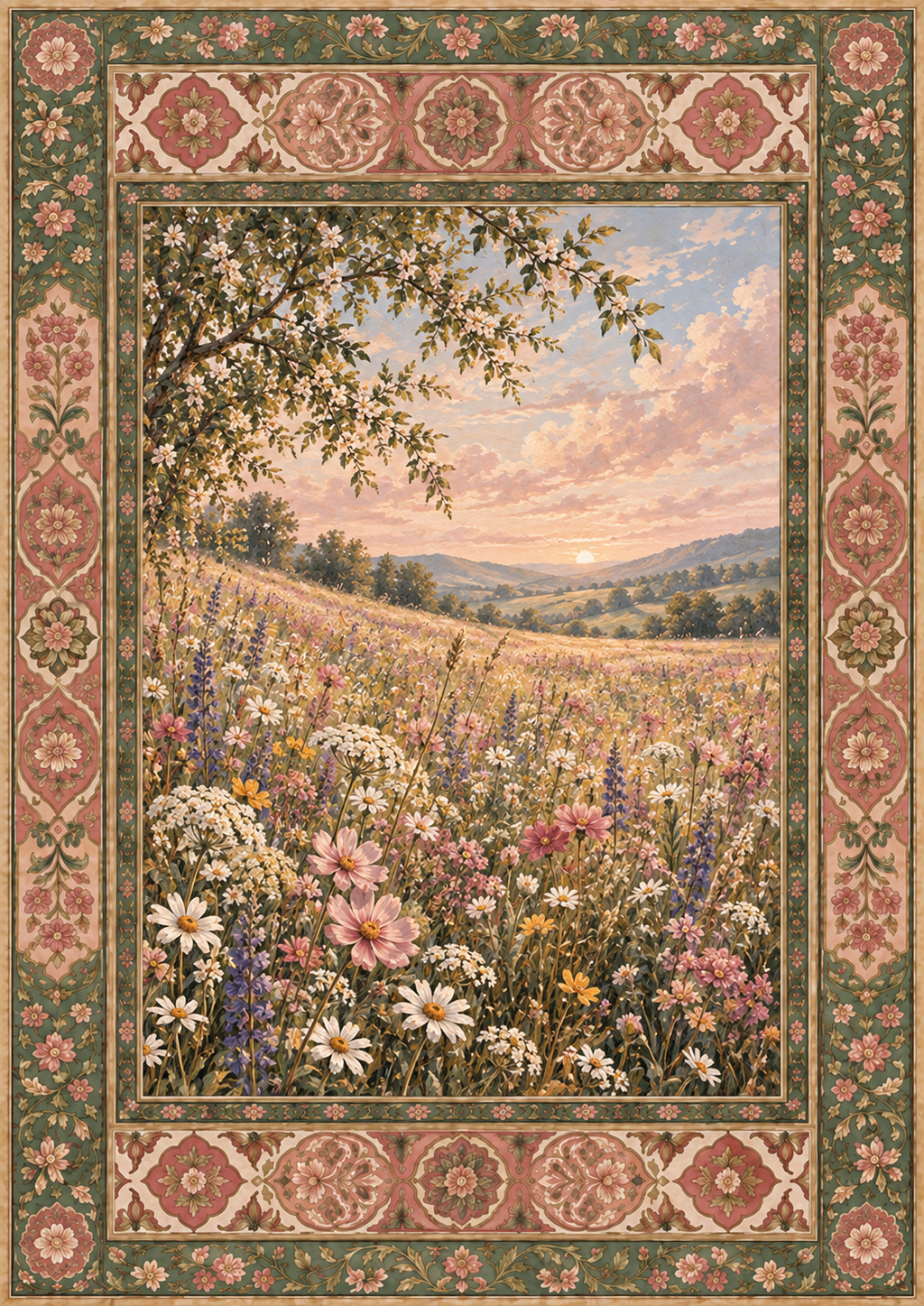Vintage Wildflower Meadow Art Print – Pink & Sage Botanical Wall Art