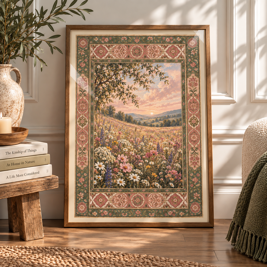 Vintage Wildflower Meadow Art Print – Pink & Sage Botanical Wall Art