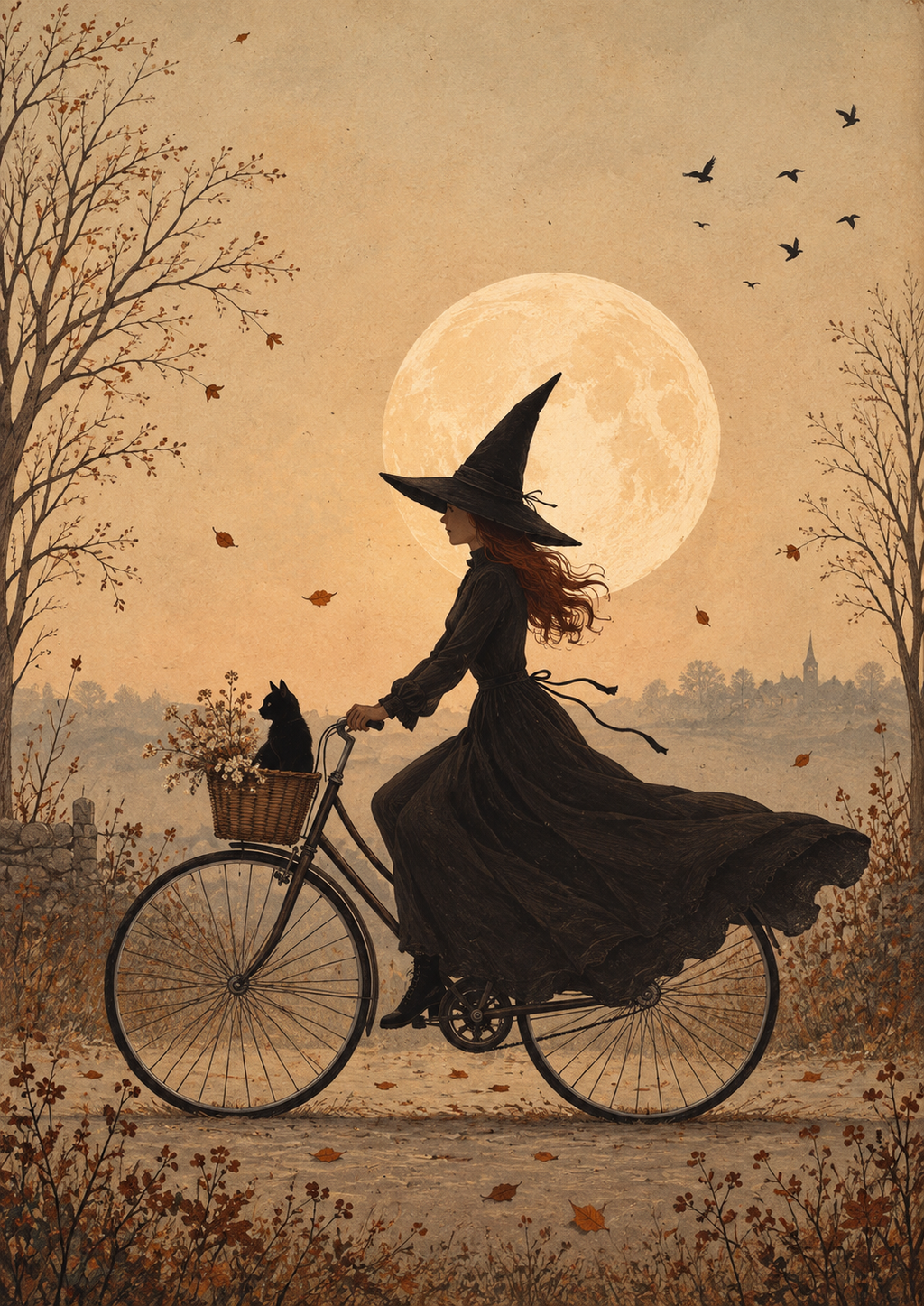 The Midnight Ride – Vintage Witch & Black Cat Art Print