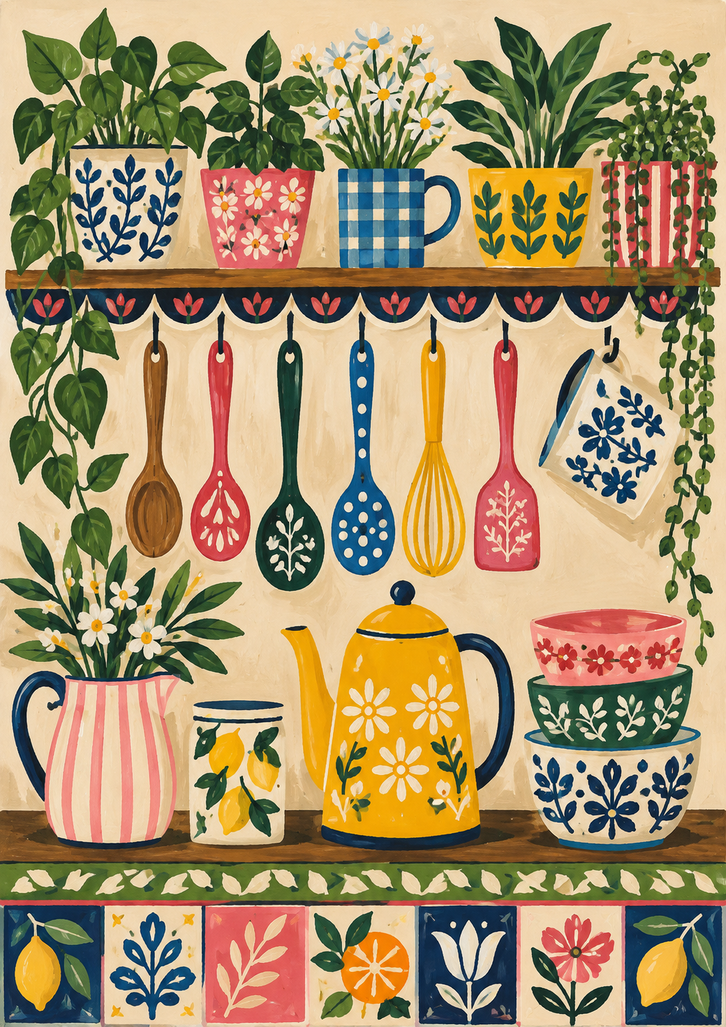 Colourful Folk Kitchen Wall Art Print – Botanical & Ceramic Kitchen Poster