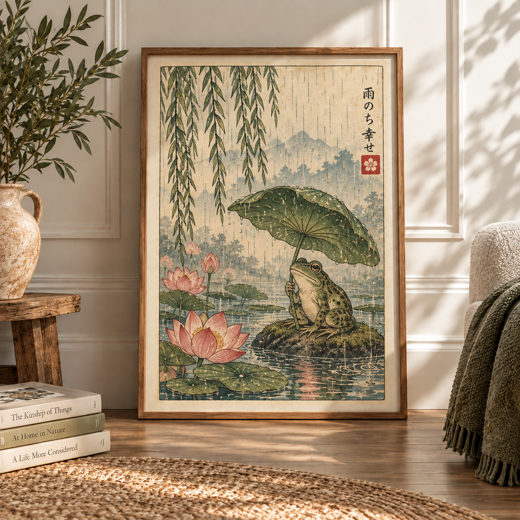 Japanese Frog in the Rain Art Print | Vintage Botanical Wall Art