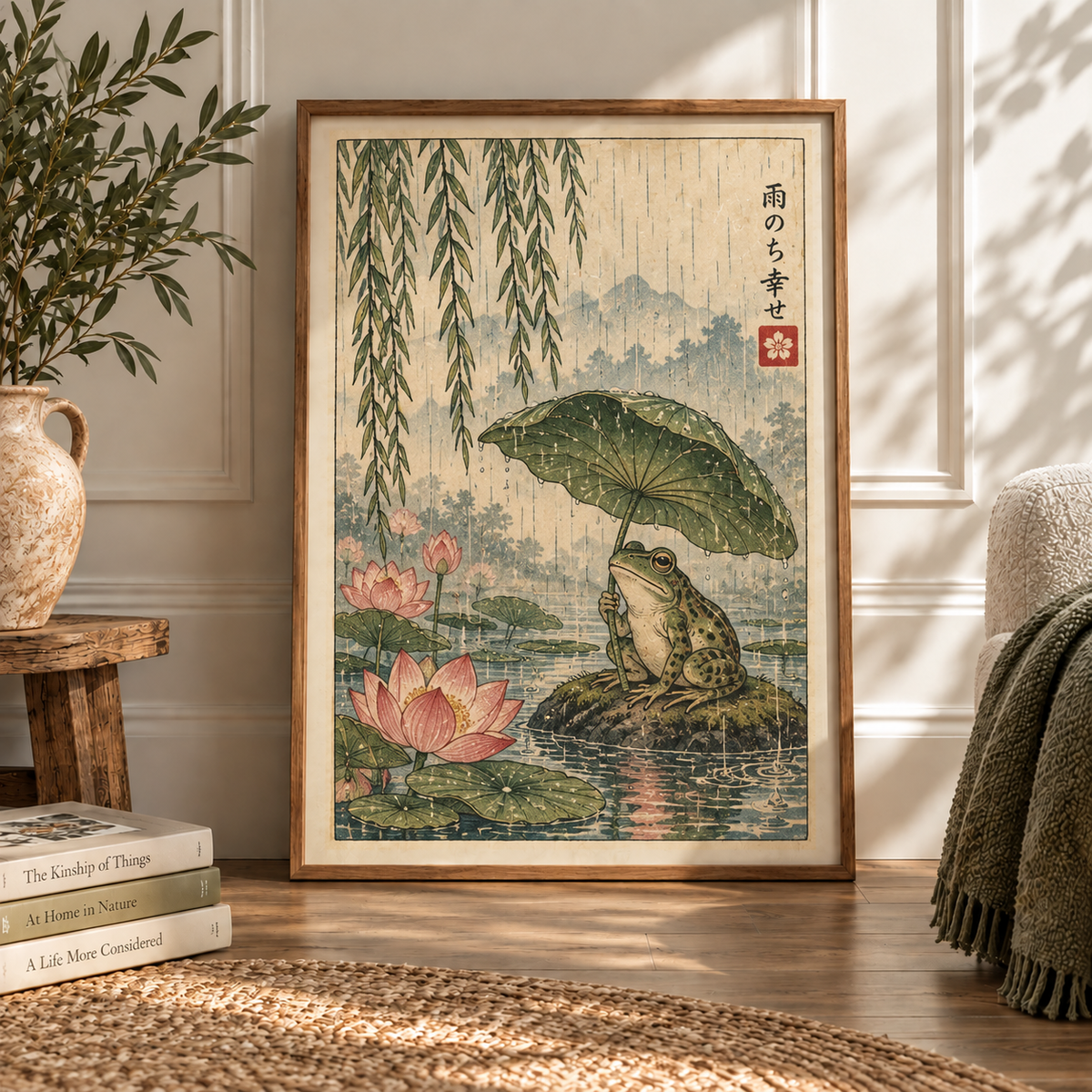 Japanese Frog in the Rain Art Print | Vintage Botanical Wall Art
