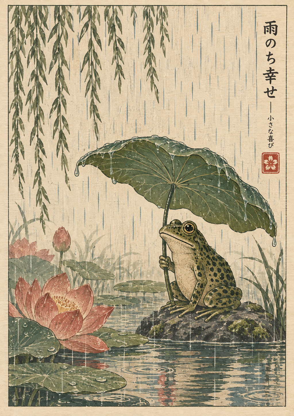Japanese Frog in the Rain Art Print | Vintage Botanical Wall Art