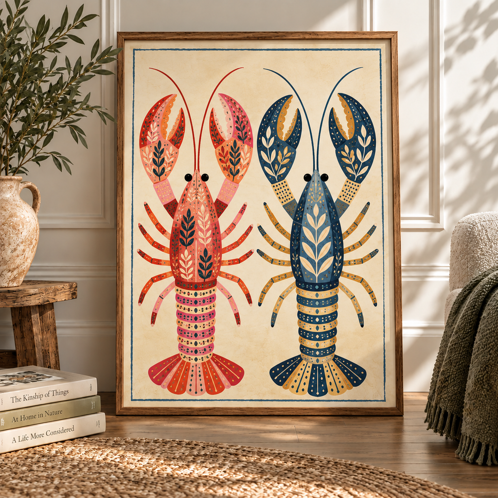 Folk Lobsters – Colourful Coastal Lobster Art Print