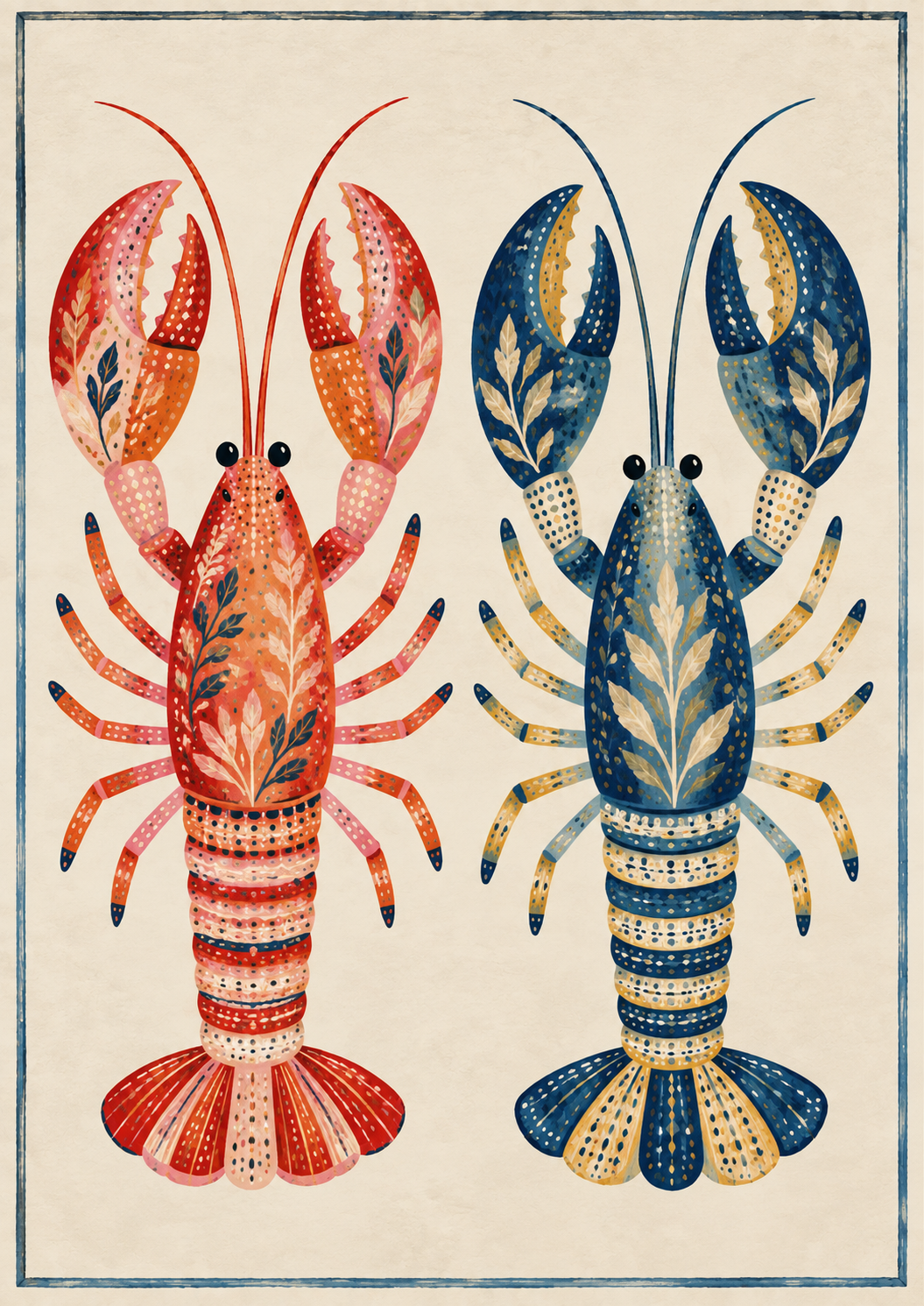 Folk Lobsters – Colourful Coastal Lobster Art Print