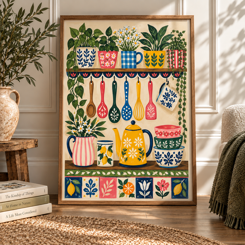 Colourful Folk Kitchen Wall Art Print – Botanical & Ceramic Kitchen Poster