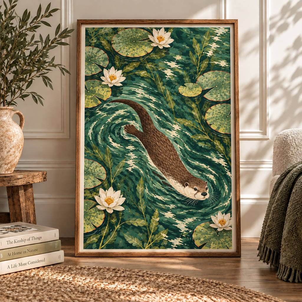 Otter Pond Art Print | Vintage Wildlife & Water Lily Wall Art