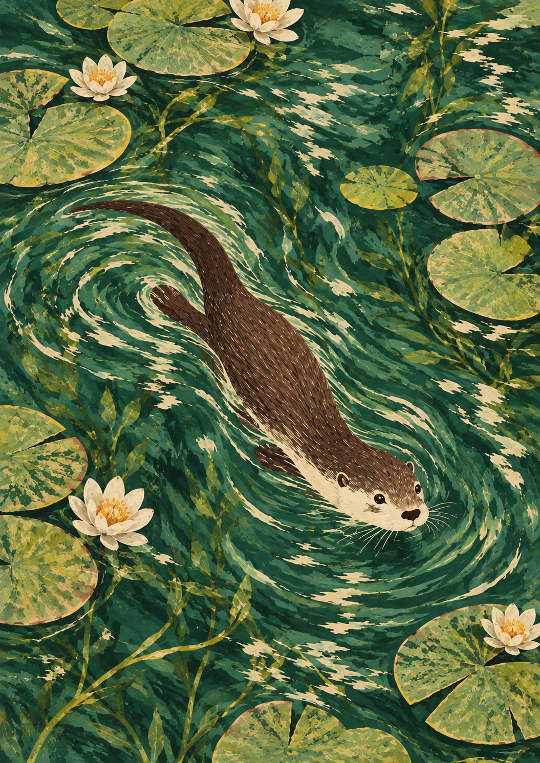 Otter Pond Art Print | Vintage Wildlife & Water Lily Wall Art