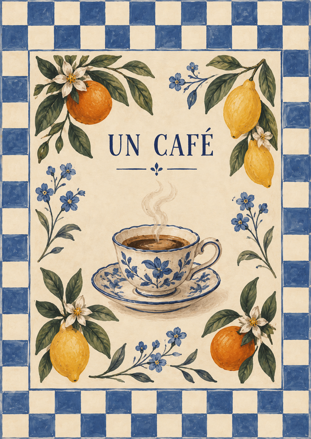 Un Café Print | Blue Check Coffee & Lemon Kitchen Wall Art