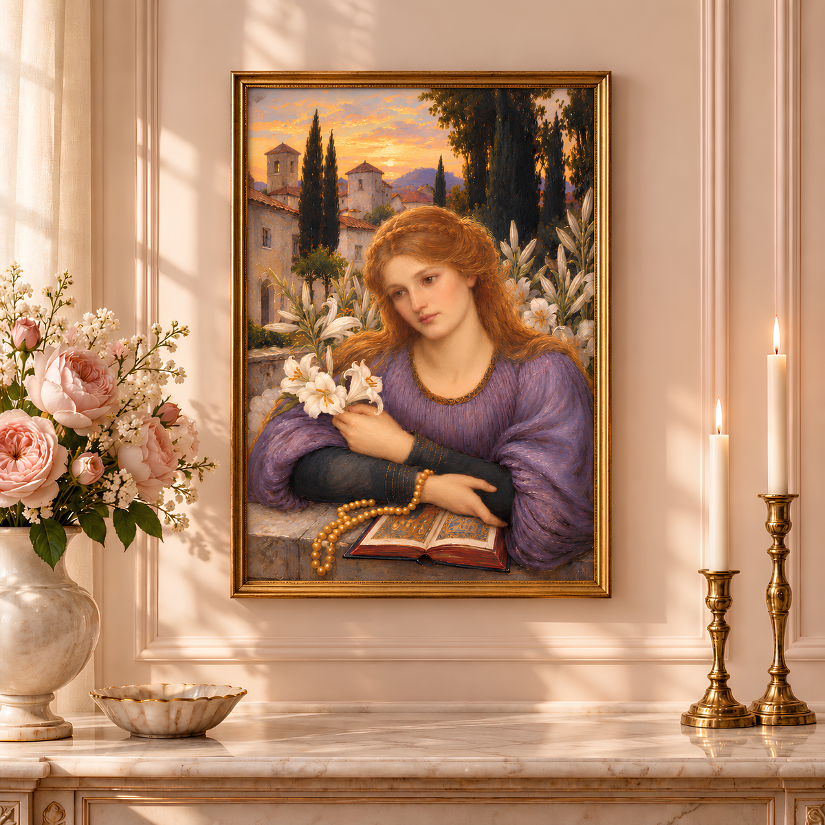 Cloister Lilies Art Print | Marie Spartali Stillman-Inspired Pre-Raphaelite Art