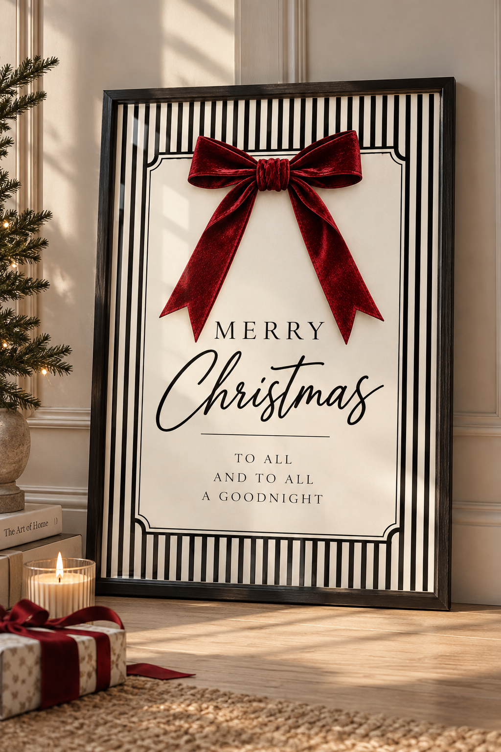 Merry Christmas | Burgundy Bow Striped Christmas Print