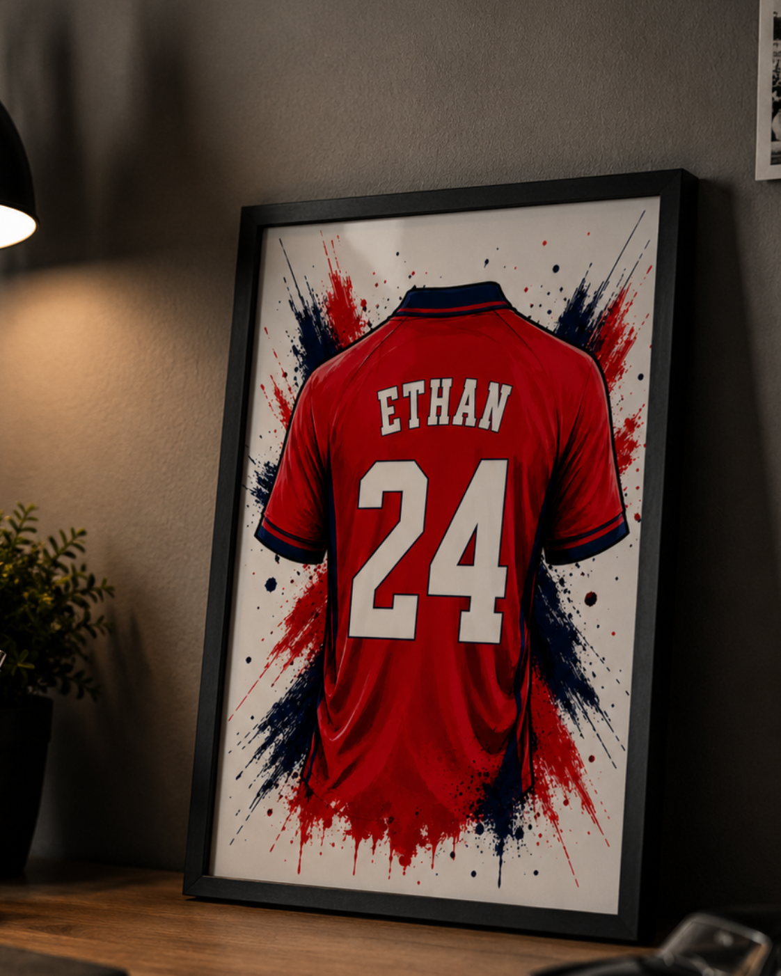 Personalised Crimson Red Football Shirt Print | Custom Name & Number Wall Art