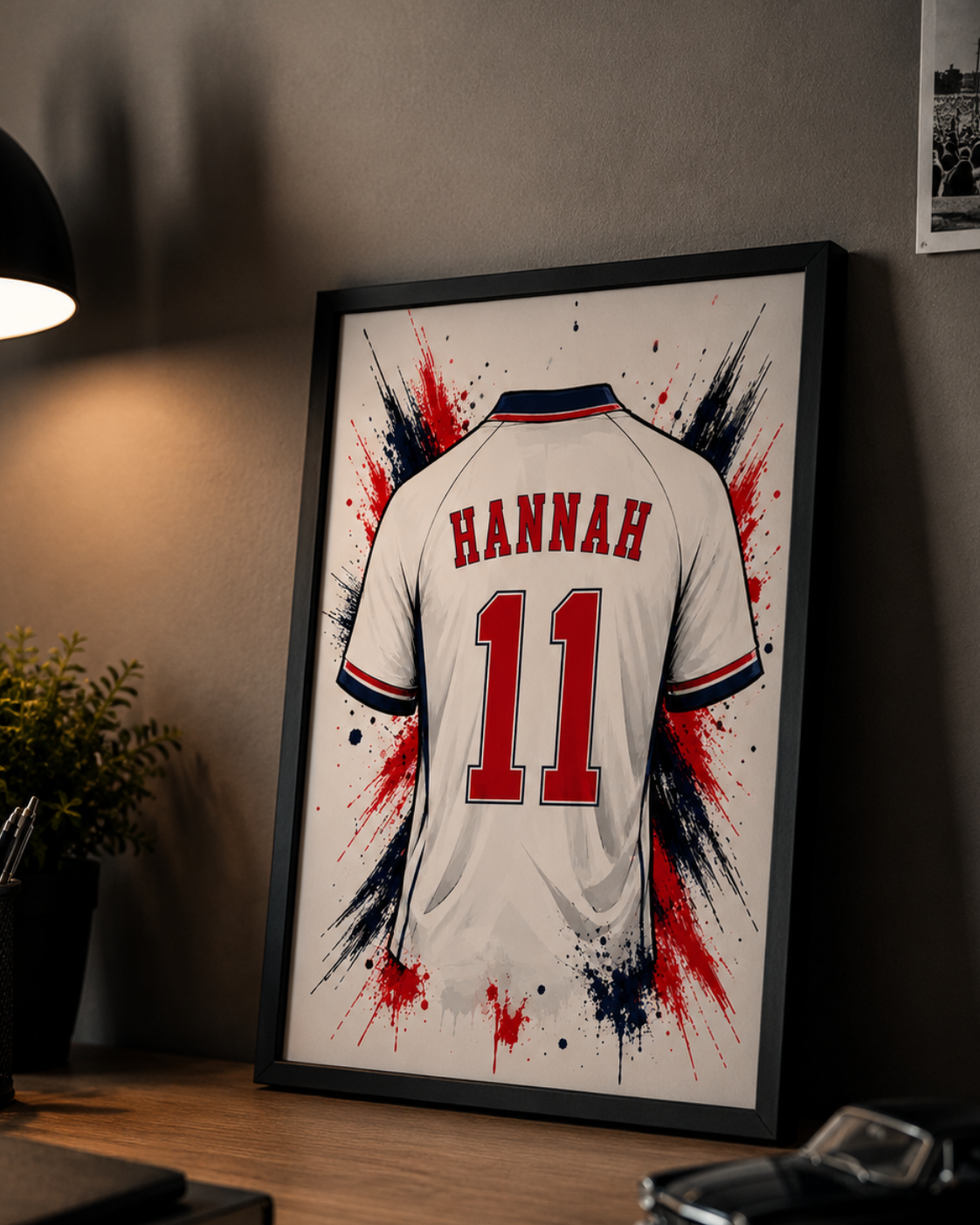 Personalised White & Red Football Shirt Print | Custom Name & Number Wall Art