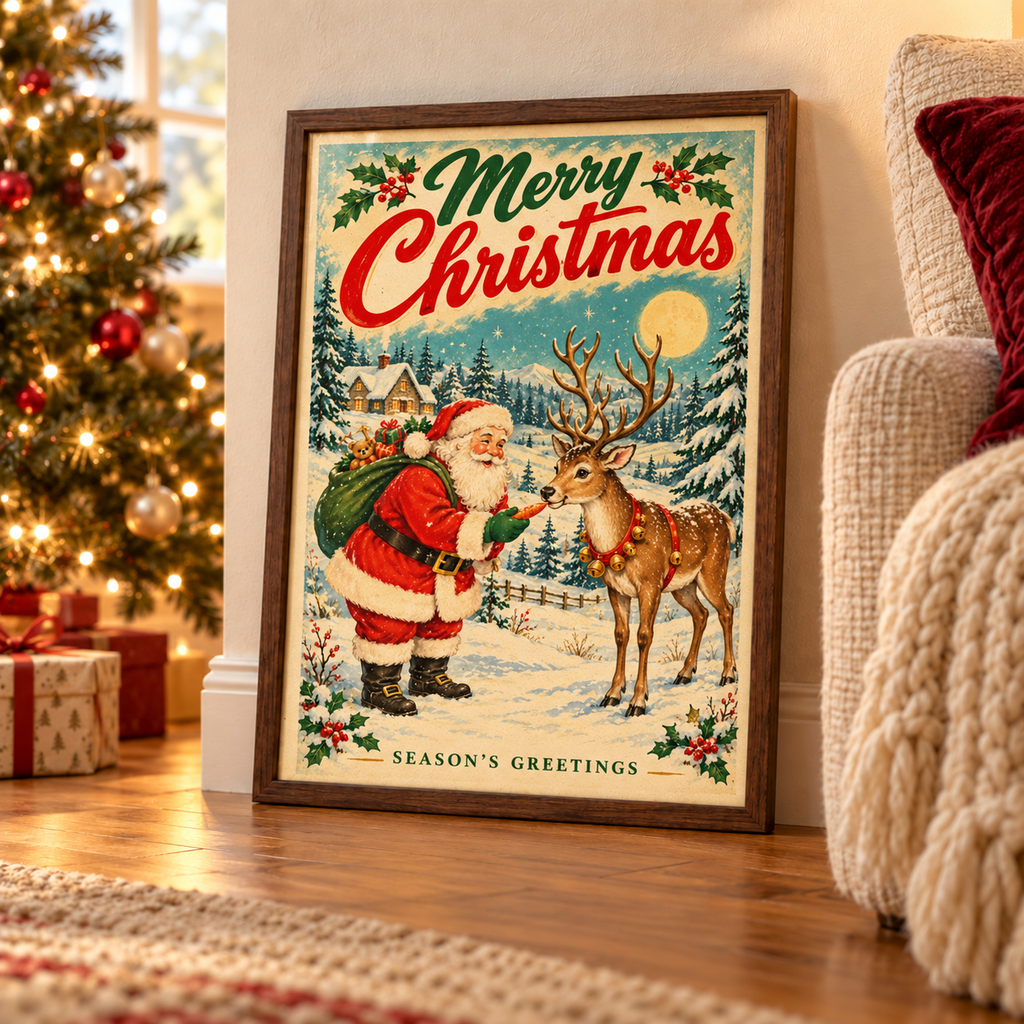 Vintage Santa & Reindeer Christmas Print | Retro Father Christmas Wall Art