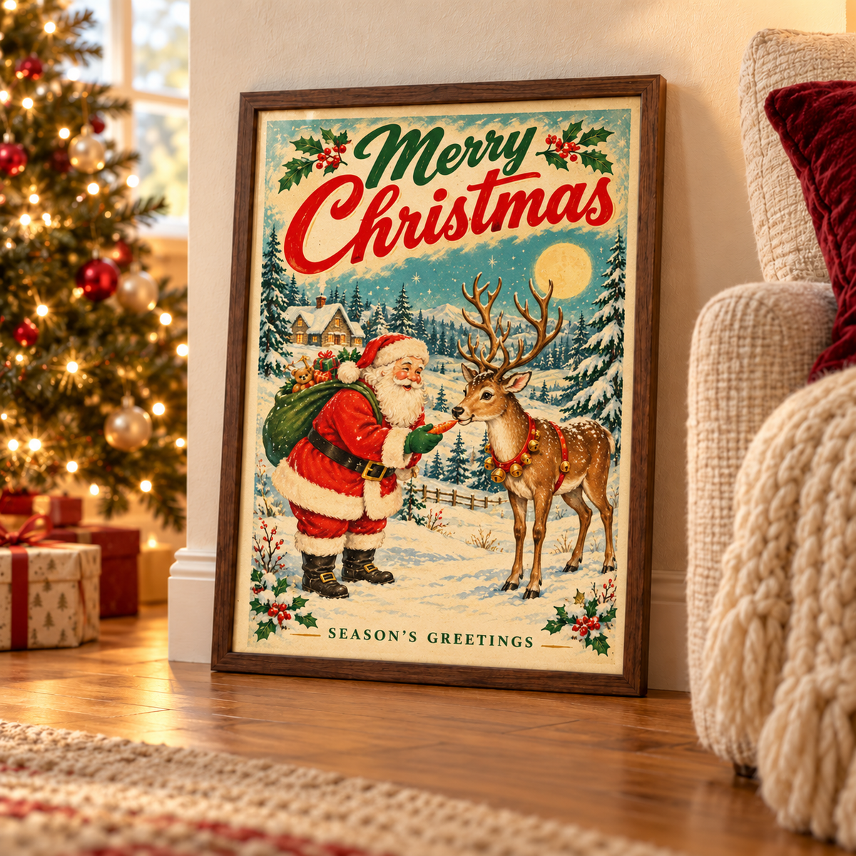 Vintage Santa & Reindeer Christmas Print | Retro Father Christmas Wall Art