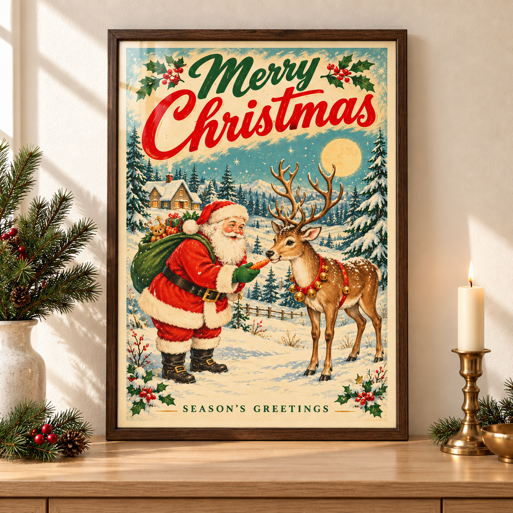 Vintage Santa & Reindeer Christmas Print | Retro Father Christmas Wall Art