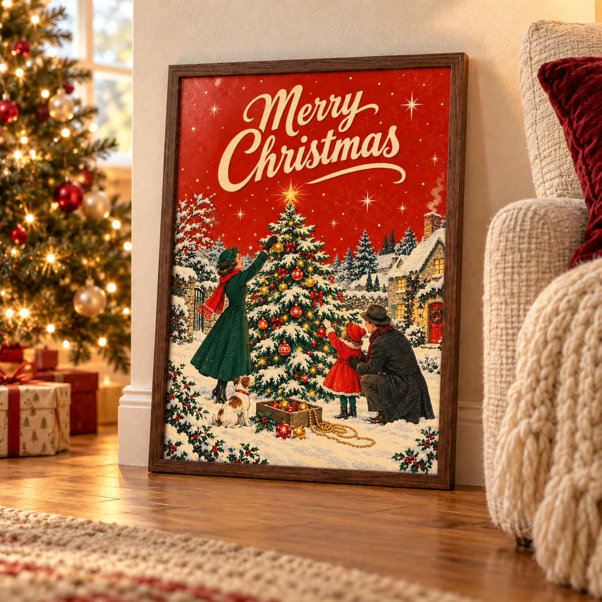 Vintage Christmas Tree Decorating Print | Nostalgic Festive Wall Art