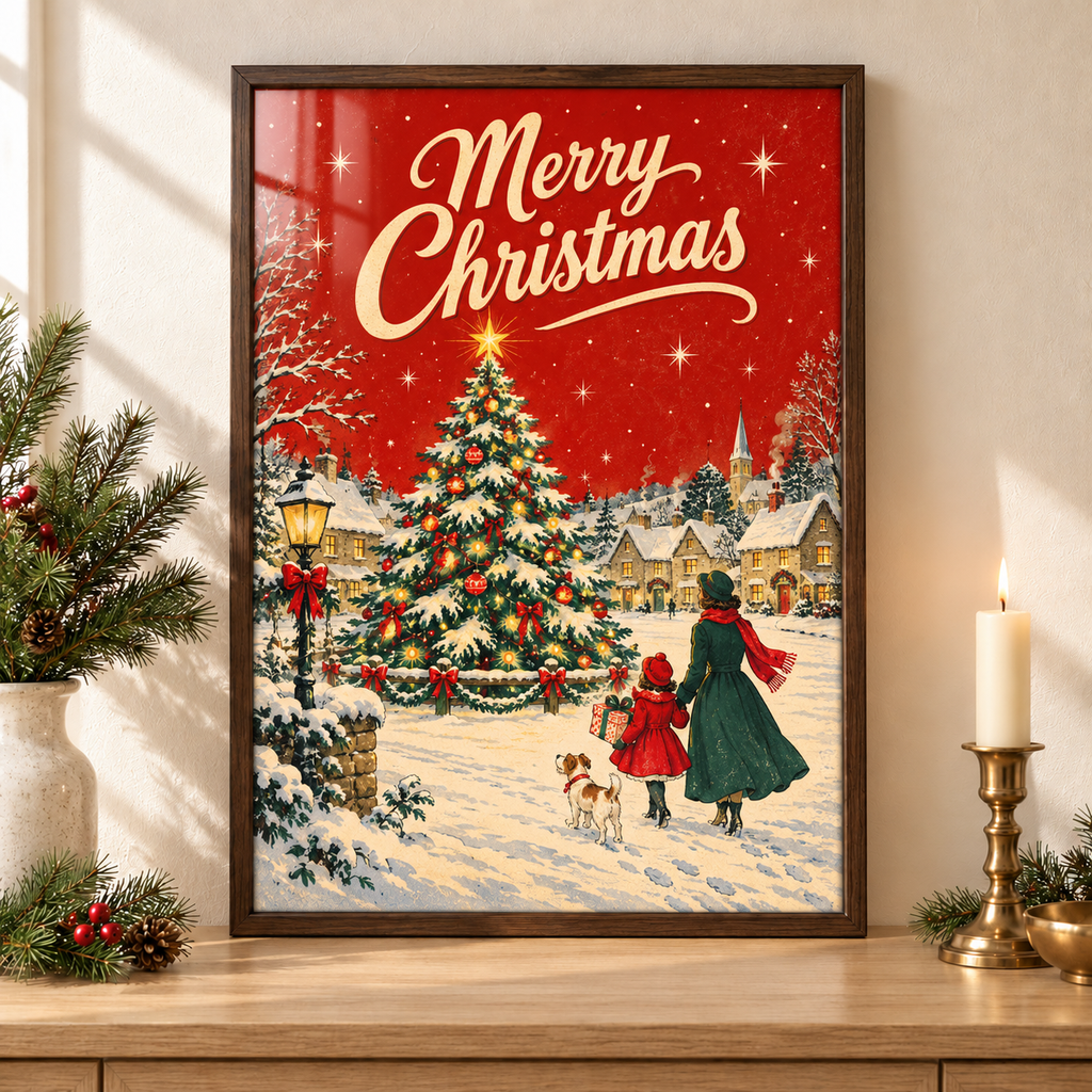 Vintage Christmas Village Print | Nostalgic Snowy Christmas Wall Art