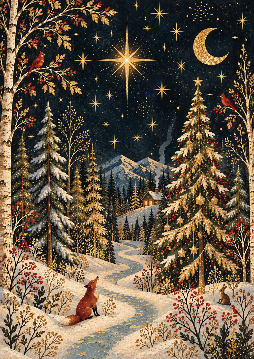 A Gilded Christmas Night | Winter Forest Christmas Print