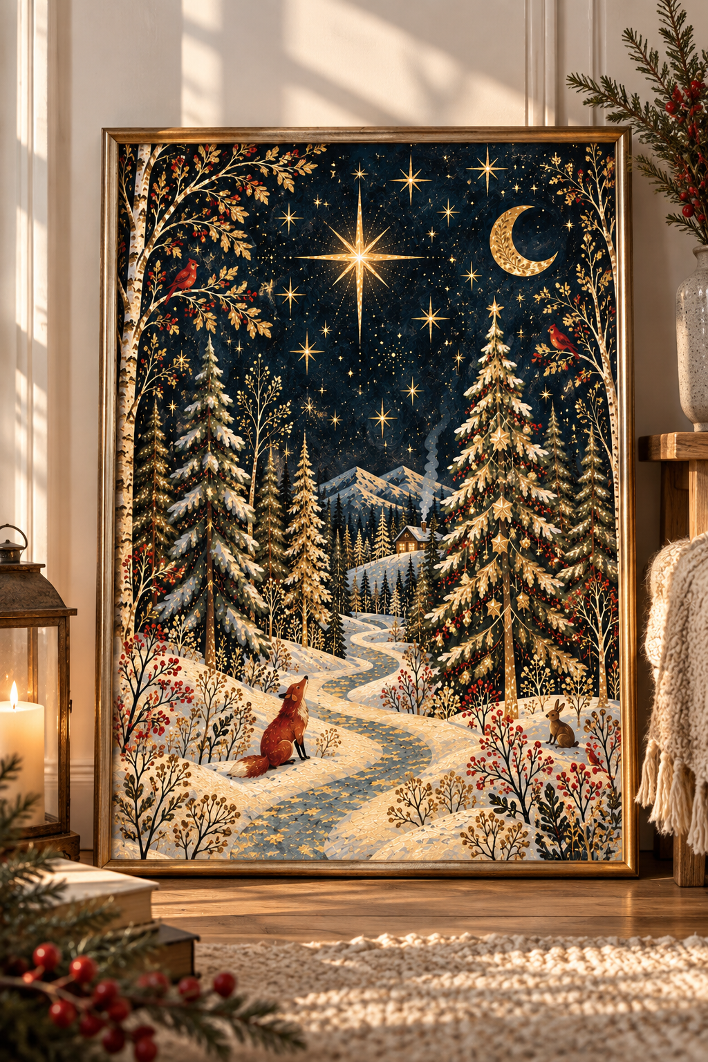 A Gilded Christmas Night | Winter Forest Christmas Print