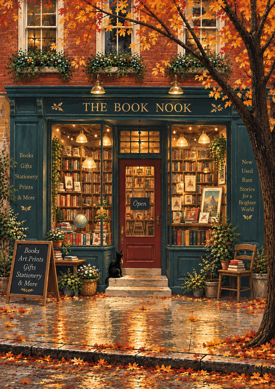 The Book Nook – Cosy Autumn Bookshop Art Print