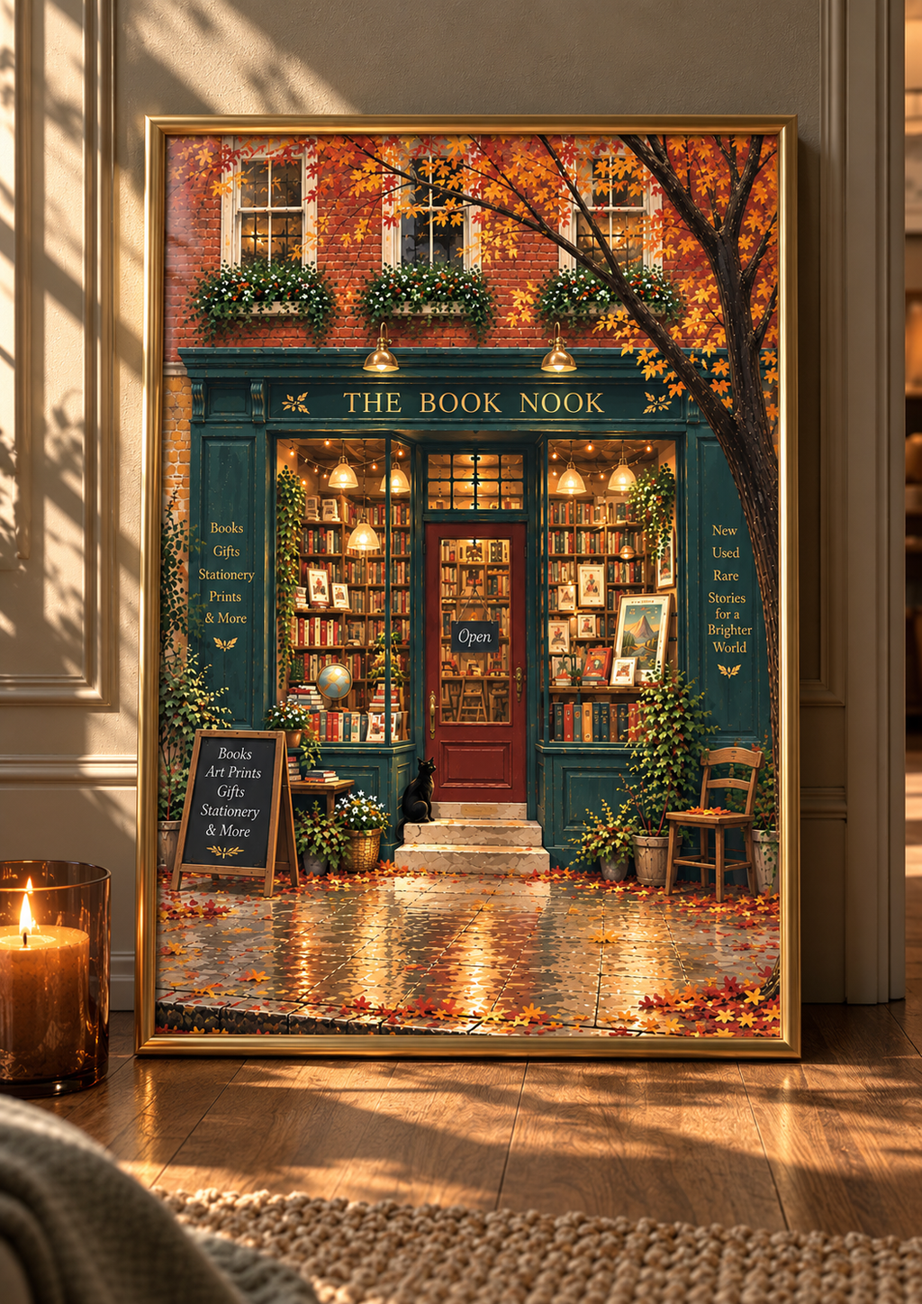 The Book Nook – Cosy Autumn Bookshop Art Print