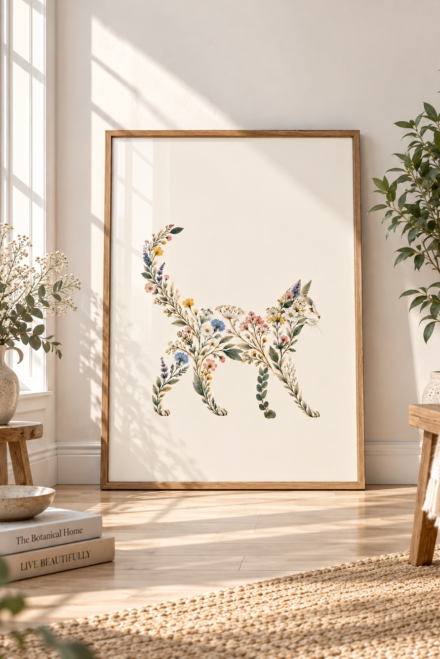 Wildflower Whiskers – Botanical Cat Art Print