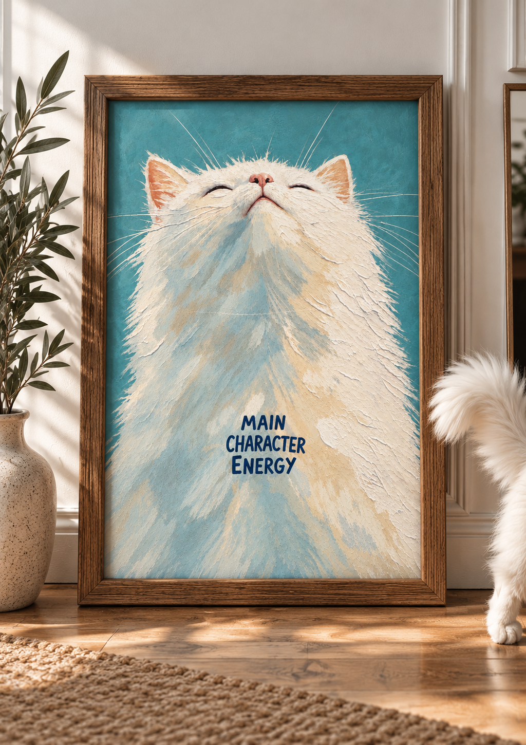 Main Character Energy – Fluffy White Cat Art Print | Playful Cat Wall Art